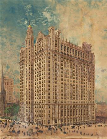 (NEW YORK CITY.) Hughson Hawley; attributed to. [Trinity and United States Realty Buildings].